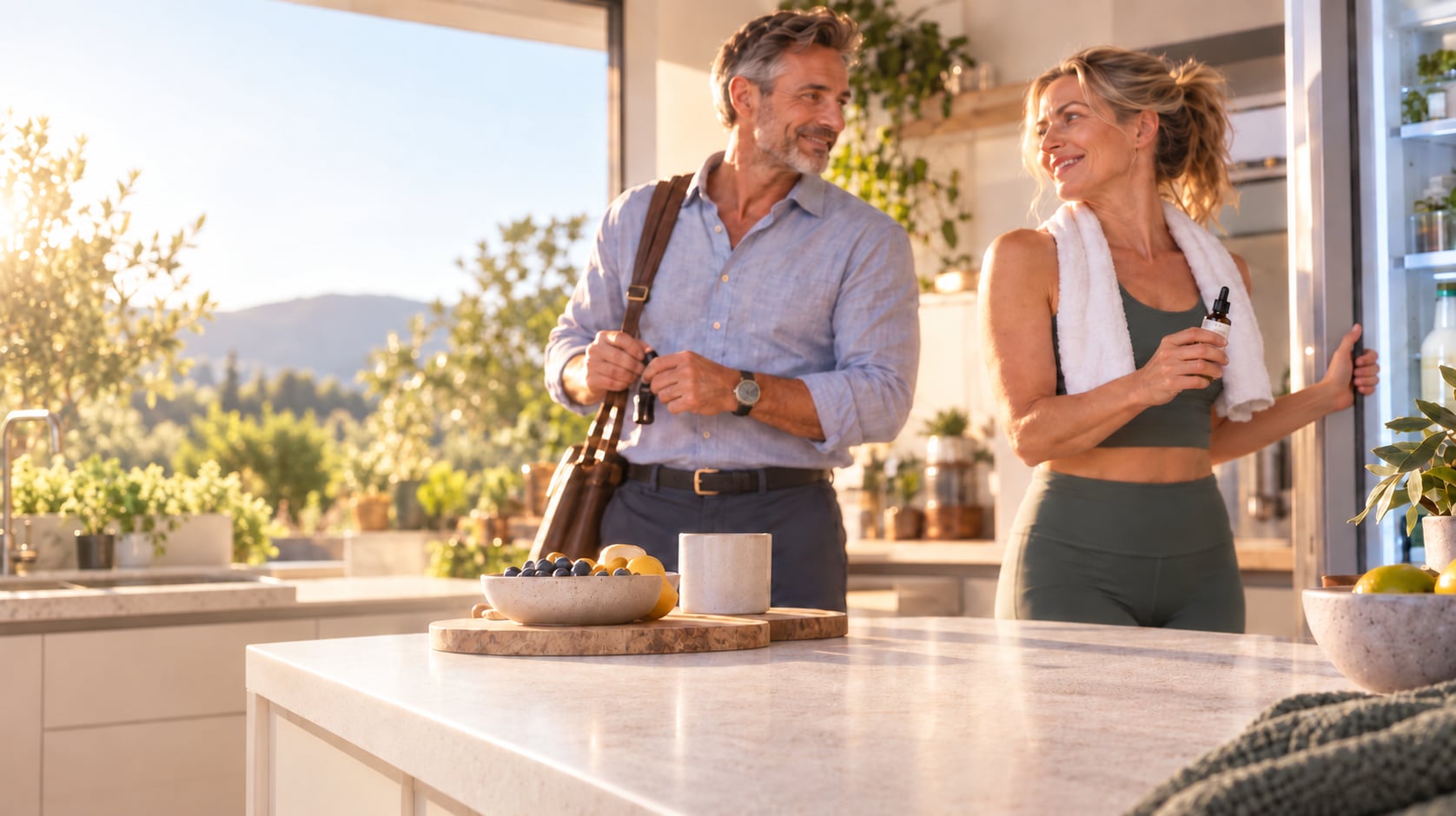 A couple preparing for the day together in a bright kitchen